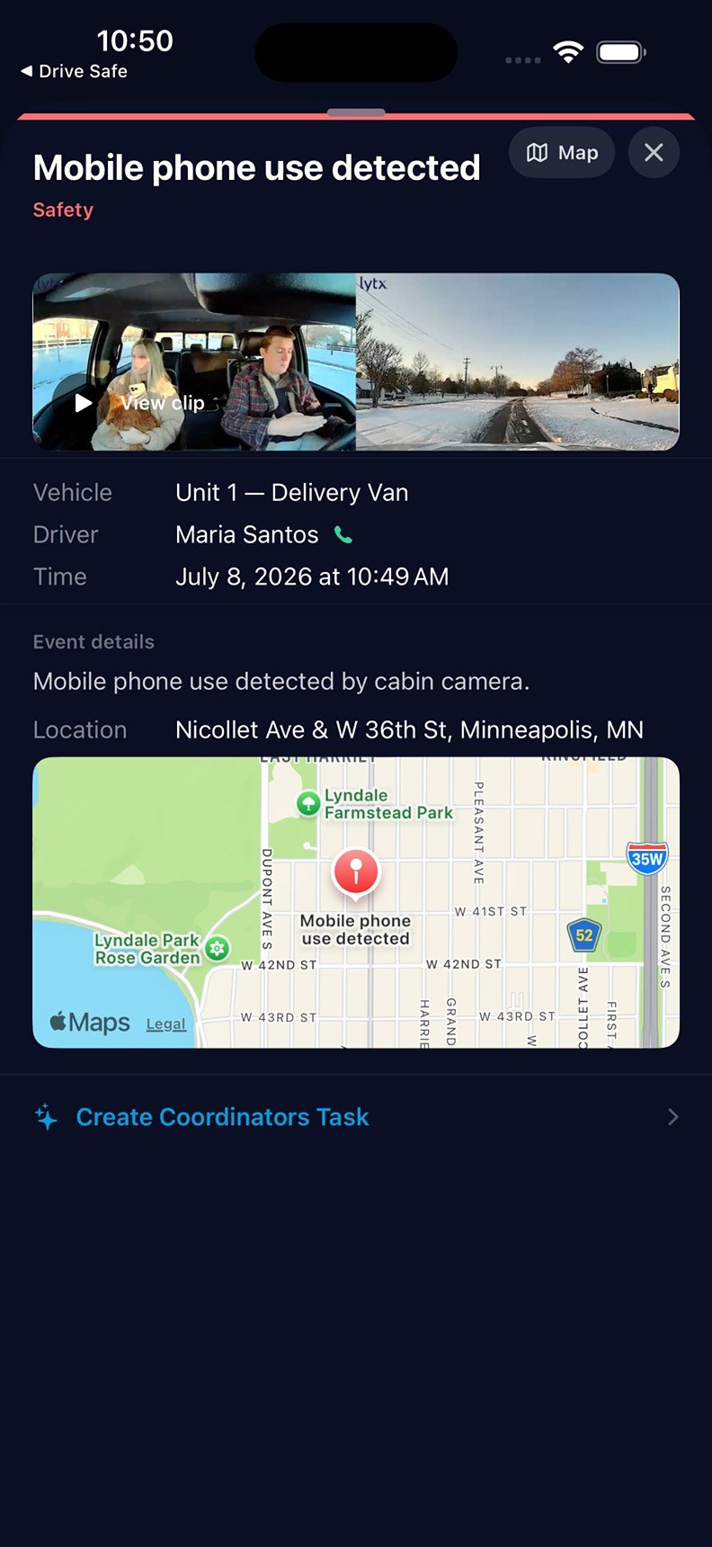 Mobile-phone-use event with a camera preview, driver and vehicle details, and a location map.